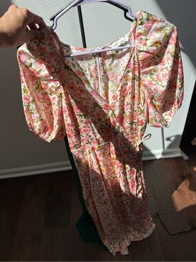 Floral Wrap Midi Dress in Pink and Green